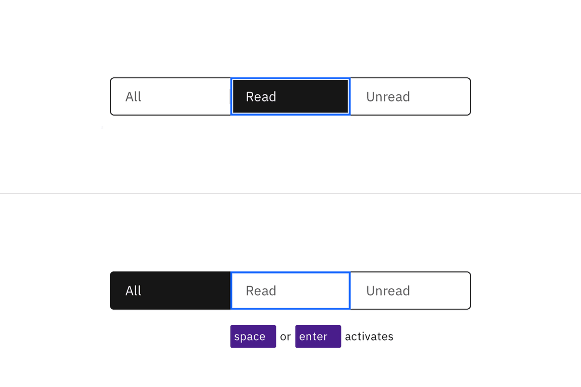 Two variants of a content switcher with tabs called All, Read and Unread. In the first, the Read tab is selected and focused. In the second the All tab is selected and the Read tab has a focus indicator